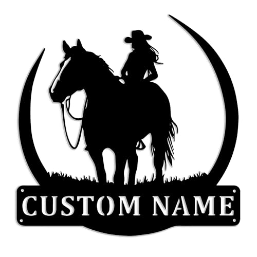 Custom Name Cowgirl Wall Sign – Personalized Metal Art with Girl Riding Horse – Western Decor for Bedroom, Ranch, Barn