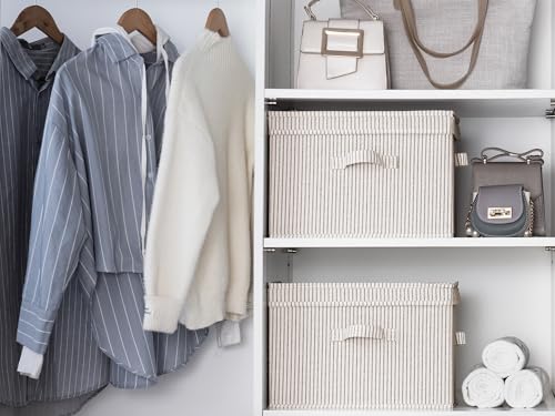 Image of StorageWorks Fabric Storage Bins with Lid, Decorative Storage Boxes for Shelves, Stackable Closet Organizer Basket with Handles, Large, Khaki and Beige Stripes, 2-Pack