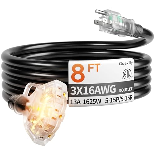 Deeklify 8 ft 16/3 awg 3 Outlet Extension Cord Splitter