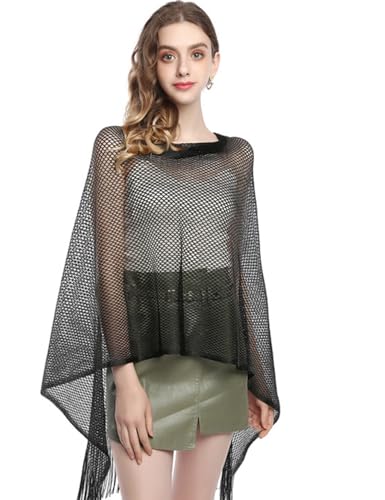 Womens Metallic Mesh Poncho Shawl Fringe Wrap Lightweight Cover Up for Evening Party Wedding Events