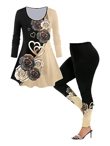 ROSEGAL Women Plus Size Two Piece Outfits Rose Print Colorblock Long Sleeve Tee and Leggings Matching Set 2 Piece Casual Set