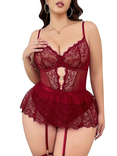 Image of Lilosy Sexy Lingerie Set 3 Piece Women Corset Bodysuit Skirt | Rhinestone Heart Stocking Garter Plus Size Underwire Mesh Sheer Lace Push Up Babydoll Halloween Christmas Valentine's Bridal
