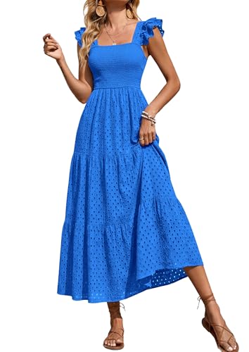 Image of PRETTYGARDEN Womens Summer Square Neck Maxi Dresses Cap Sleeve Eyelet Smocked Tiered A Line Flowy Long Dress with Pockets