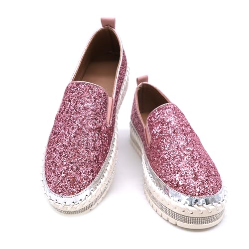 Image of Women's Platform Rhinestones Glitter Fashion Sneakers Comfortable Slip On Flat Loafers Walking Wedding Dress Shoes Casual Shoes