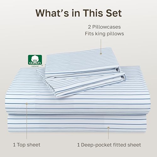 Image of California Design Den Printed Striped Bed Sheets King Size Set - 600 Thread Count, 100% Cotton Sateen, Premium Deep Pocket King Sheet Set - Classic Blue Stripe Print