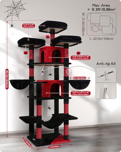 Image of Globlazer Gothic Cat Tree, 80inch Goth Cat Tower for Indoor Cats Multiple Adult Cats XXL Cat Tree Large Cat Tower with Scratching Post, Hammock, 3 Perches, 2 Condos, 2 Hanging Basket, F80, Black Red