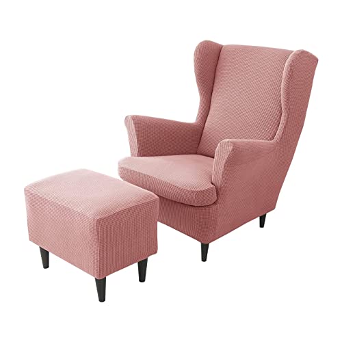 Funda para sillón orejero y otomana elástica en color rosa juego de 2 piezas