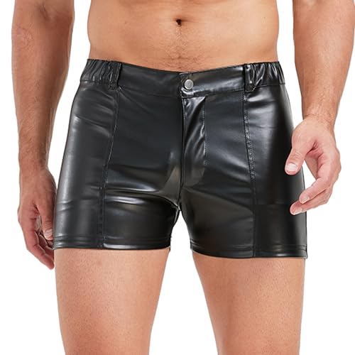 DTODWW Men's PU Leather Shorts Elastic Waist Sexy Shorts Rave Hot Short Pants with Pockets Casual Streetwear Clubwear
