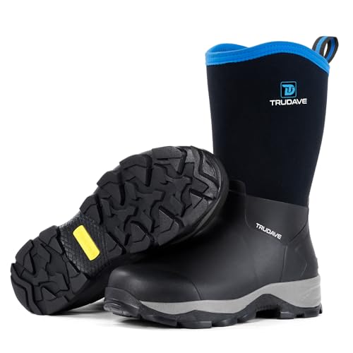 Rubber Boots for Men with Steel Shank, Waterproof Mid Calf Mens Rain Boots, 5.5mm Neoprene Insulated Mud Work Boots for Garden, Size 6-13