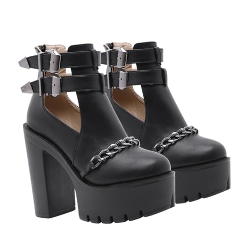 Bottines pour femmes à talons hauts imperméables chaussures à chaîne et rivets chic