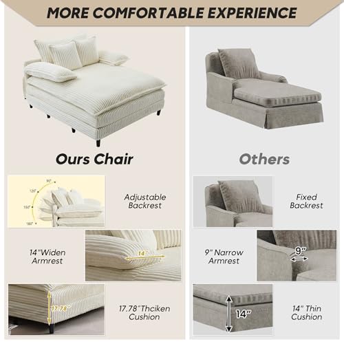 Image of Oversized Chaise Lounge Chair Indoor with 5-Position Adjustable Backrest, 54.8 inch Upholstered Corduroy Deep Seat Single Cloud Sofa Chair, Fluffy Modern Sleeper Couch Bed for Living Room, Beige White
