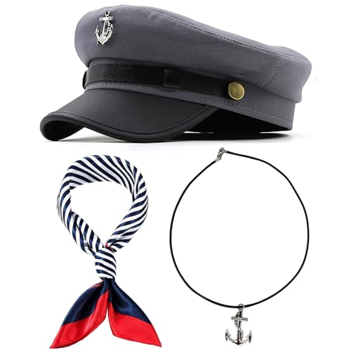 Image of Men's Yacht Captain Skipper Anchor Hat with Sailor Scarf, Newsboy Cap Hat Cabbie Paperboy Beret Cap (Grey)