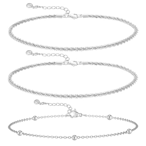 Feskive Ankle Bracelets for Women 14K Real Gold Silver Plated Ankle Bracelets Waterproof Heart Beads Rope Satellite Anklets Set Adjustable Layered Anklet Bracelets No Tarnish Summer Beach Jewelry Gift