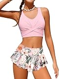Girls Swimsuits Size 10-12 Tankini Swimsuit Criss Cross Tropical Print Ruffle Bottom Girls Bathing Suits Size 10-12 Two Piece Swimwear Pink 11-12 Years