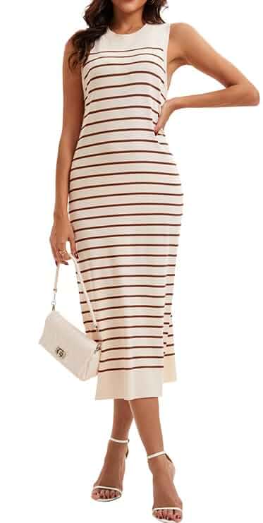 GVK Women's Striped Knit Summer Streak Sleeveless Dress Crewneck Sundress Midi Pleated Casual Long Tank Dresses 2024 Sleeveless