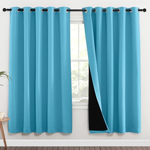 Image of NICETOWN 100% Blackout Window Curtain Panels, Teal Blue, 2 Pieces, 62-inch Wide Per Panel, Full Light Blocking Drapes with Black Liner for Nursery, 72-inch Drop Thermal Insulated Draperies