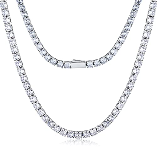Tennis Necklace for Women and Men 4/ 5mm 1 Row Prong-Setting Stainless Steel Tennis Chain 5A+ Cubic Zirconia Iced Out Chain Never Fade Diamond Necklace or Bracelet -with Gift Box