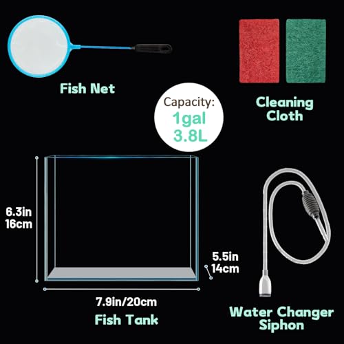 Image of LAQUAL 1 Gallon Fish Tank Starter Kit with Fish Net, 1 Water Changer Siphons & 2 Cleaning Cloth, Crystal Clear Glass Fish Tank, Small Fish Tank /Aquarium for Betta & Goldfish, Nice Home Decor