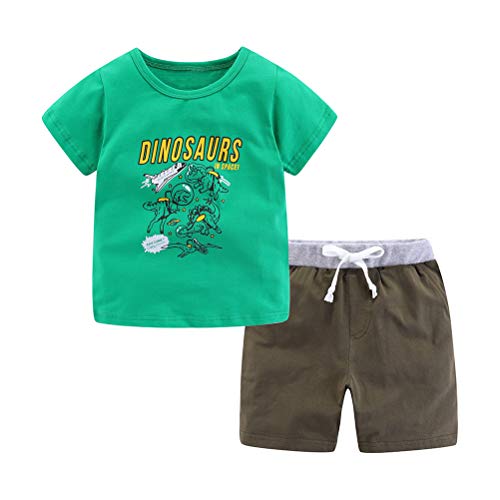 [LittleSpring] 子供 男の子 恐竜 半袖Tシャツ スウェット ショートパンツ ジャージ 上下セット グリーン 110