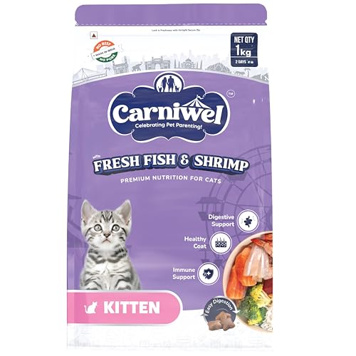 Image of Carniwel Fresh Fish & Shrimp Kitten Dry Cat Food 1 Kg | Fresh & Natural Ingredients | Highly Palatable | Supports Healthy Skin & Glossy Coat | Premium Nutrition