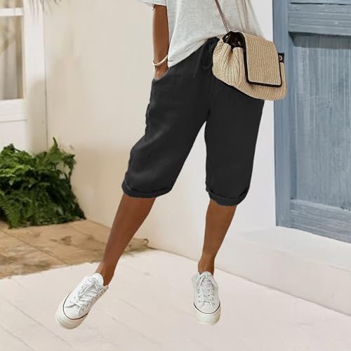 Capri Pants for Women Summer Casual Plus Size Cotton Linen Pants Elastic Drawstring Rolled Hem Shorts with Pockets2