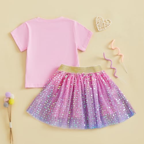 Image of Kayotuas Toddler Girl Summer Outfits Bow Embroidery Short Sleeve T-shirt and Sparkle Tutu Skirt Cute Sister Matching Dresses