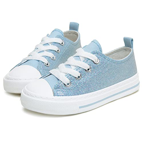 Toandon Kids Girls Sneakers Glitter Sequins Canvas Shoes Toddler Child Glitter Sparkle Low Top Lace Up Non Slip Lightweight Walking Outdoor Blue Size 10