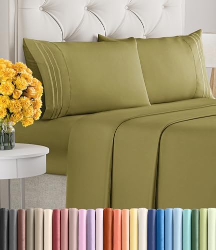 Image of Queen Size 4 Piece Sheet Set - Ultra Soft & Cooling Sheets - Olive Yellow | Fits 8 Inch to 16 inch Mattress, Wrinkle Free & Fade Resistant with Deep Pockets, Breathable, Comfy Hotel Luxury Bedding