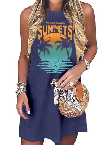 Image of Sun Salt Sand Coconut Tree Tank Mini Dress for Women Sleeveless Beach Praty Shirts Summer Vacation Short Mini Dresses