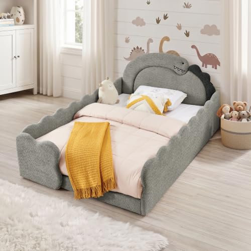 Image of Full Size Kids Bed with Dinosaur Headboard, Upholstered Boucle Fabric Twin Daybed with Slats Support & Side Pocket, Space-Saving Wooden Corner Sofa Couch Day Bed Frame for Girl, Boy, Teenager(Grey)
