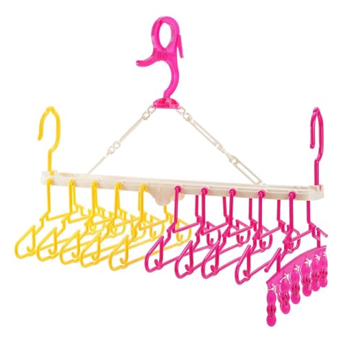 ベビーハンガー 子供用洗濯ハンガー 10連ハンガー 子どもハンガー 赤ちゃん ハンガー 折り畳み 物干しハンガー クリップ6個付き 洗濯ハンガー イエロー ピンク D -