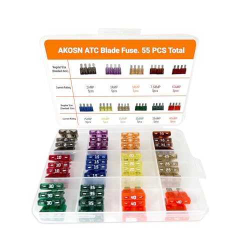 Standard ATO/Car Fuse Assortment Kit, 55 Pieces, RV Marin Automotive Blade Fuse, 11 Current Ratings - 2A/ 3A/ 5A/ 7.5A/ 10A/ 15A/ 20A/ 25A/ 30A/ 35A/40 AMP