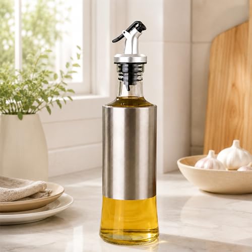 Image of HomeEssentials Glass Oil Dispenser Bottle with Measurement Markings | Auto Flip Lid Cruet with Non-Slip Handle | Leakproof & Drip-Free Oil and Vinegar Pourer for Kitchen Cooking (300, Milliliters)