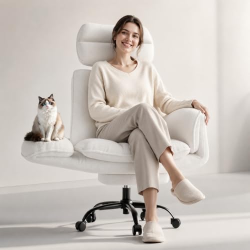 Image of Big and Tall Office Chair, Flip Armrests for Pets & Cross Legged Sitting | Executive Ergonomic Computer Gaming Chair with Foot Rest, Teddy Fleece Wide Seat Reclining Desk Chair, White Vanity Chair