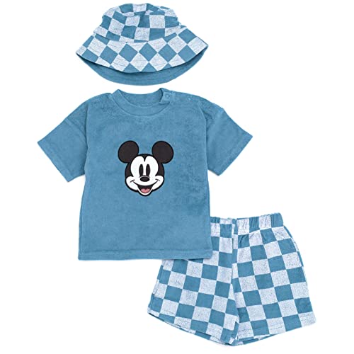Disney Baby Loop Terry Cloth T-Shirt, Shorts & Bucket Sun Hat 3 Piece Outfit Set Newborn to Infant Sizes (0-24 Months)