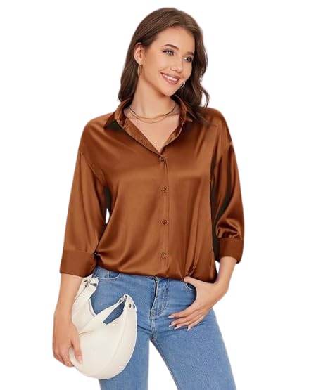 Image of Bowrain Satin Silk Fabric Spread Collar Full Sleeve Top Shirt for Women and Girl
