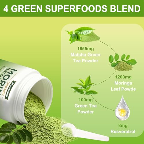 Image of Moringa Powder Organic with Matcha, Green Teas & Resveratrol, 8 OZ Superfood Energy Booster, Antioxidant & Immune Support, Vegan, Gluten Free, Easy-to-Mix (1 Pack)