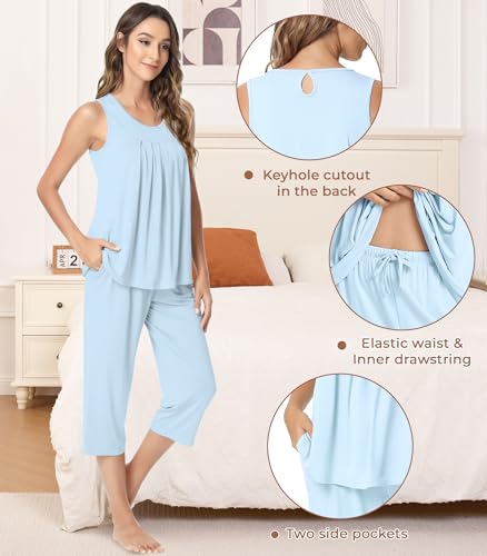 Image of NACHILA Pajamas for Women-Viscose Made from Bamboo, Sleeveless Pjs Tank Top Capri Pants Pajama Sets Cooling Sleepwear