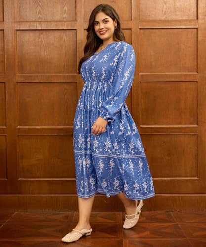 Image of TIYOMI Womens Plus Size Dresses Fall Long Sleeve Maxi Dresses V Neck Floral Spring Party Dress with Pockets XL-5XL (14W-28W)