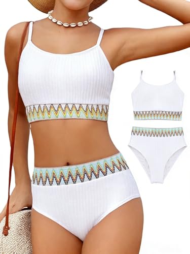 Image of Girls Swimsuit Two Piece Teen Bathing Suit High Waist Textured Bikini Set Woven Girls Swimwear 9-16Y