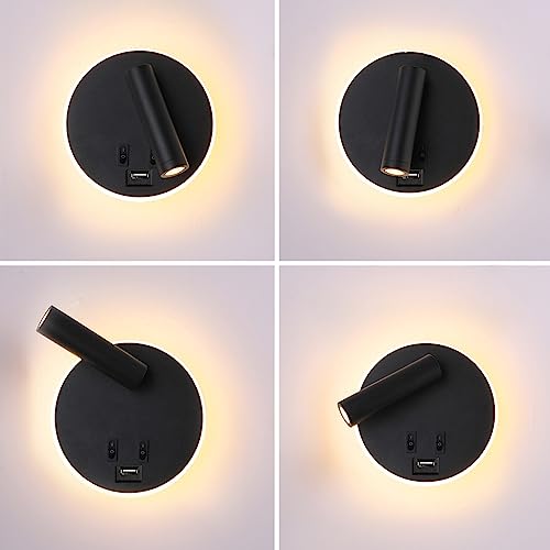 Image of USB Charging Port Wall Wash Light Black Bed LED with Interior Wall Adjustable Spotlight Reading lamp Wall lamp Bedroom Indoor Bedside Lamp 3000K (3W + 9W)
