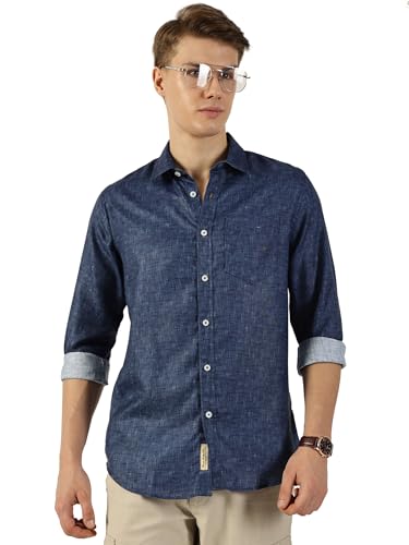 Image of Thomas Scott Men's | Printed | Textured Fabric | Full Sleeve | Regular Fit | Linen Blend | Single Pocket | Spread Collar | Casual Shirt