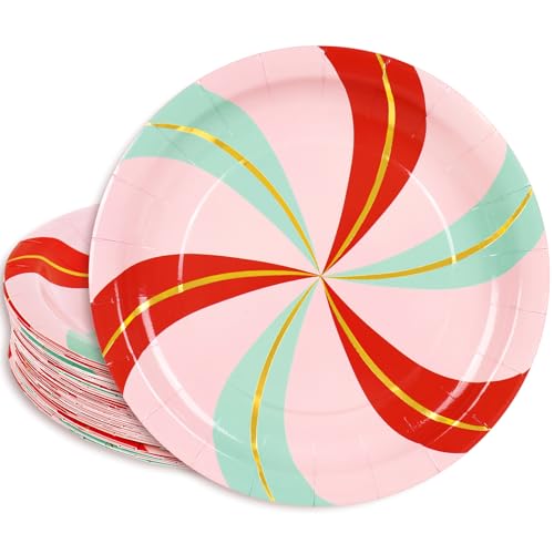 JarThenaAMCS 50Pcs Christmas Paper Plates Gold Foil Candy Cane Stripe Disposable Plates Pink Red Green Dinner Dessert Plate for Xmas Winter Party Tableware Supplies