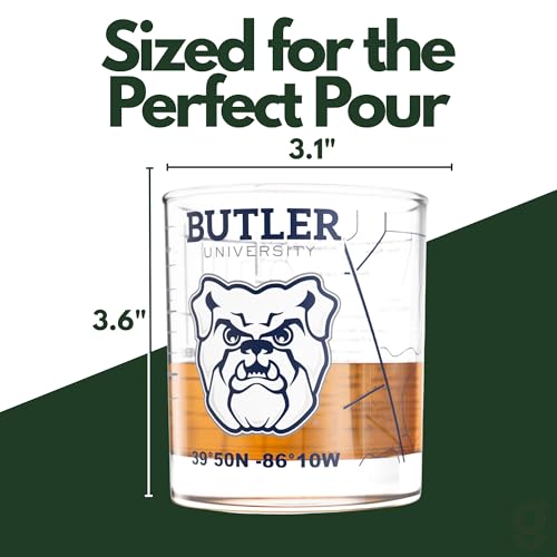 Image of Greenline Goods University of Butler Bulldogs Whiskey Glasses Set of 2, 10 oz Rocks Glasses with Full-Color Logo & Campus Map - Officially Licensed Bourbon Glass Gift for Alumni & Fans