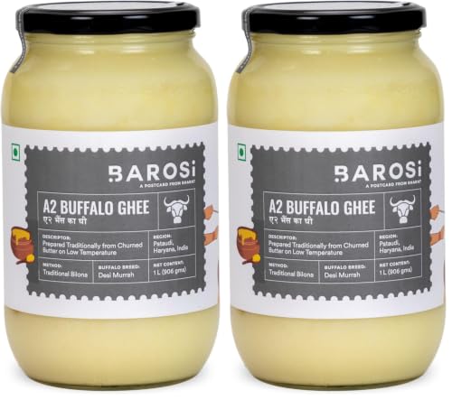 Image of BAROSI [Premium A2 Buffalo Ghee 1 Litre] Danedar Desi Ghee | Vedic Bilona Method | Grass-Fed | Curd-Churned | Cultured Ghee | Pure, Natural & Healthy (Glass Bottle 1000 ml) (Pack of 2)