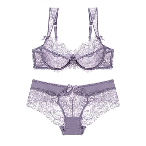 La Mejor Lista de Lenceria para Niñas disponible en línea. 48 Lencería sexy para mujer, conjunto de brasier y bragas de encaje fino, botón frontal, sin aros, para mujer, sexy, sin costuras, 2 piezas, 2025, E-381 Morado, M