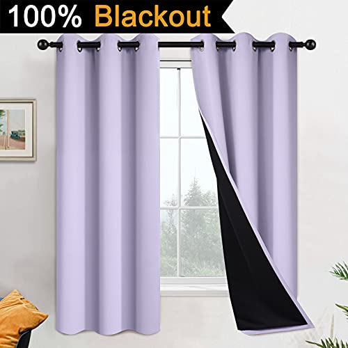 Image of Yakamok 63 Inch Length 100% Blackout Curtains for Bedroom, 2 Thick Layers Thermal Insulated Grommet Total Blackout Drapes with Black Liner for Living Room (42Wx63L,Lilac, 2 Panels)