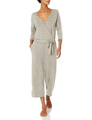 Amazon Brand - Daily Ritual Women's Supersoft Relaxed-Fit Terry Elbow-Sleeve Overlap Jumpsuit, White-Black Stripe, X-Large