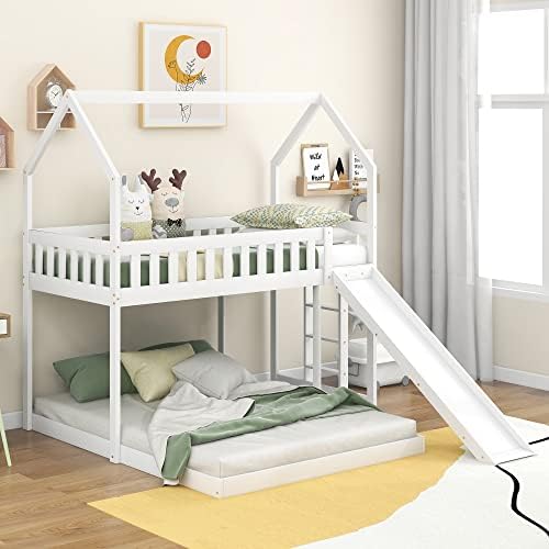 RUNWON Twin Over Full Size House Bunk Bed with Slide, Built-in Ladder,Full-Length Guardrail for Kids Adults Bedroom,Roof can be Decorated
