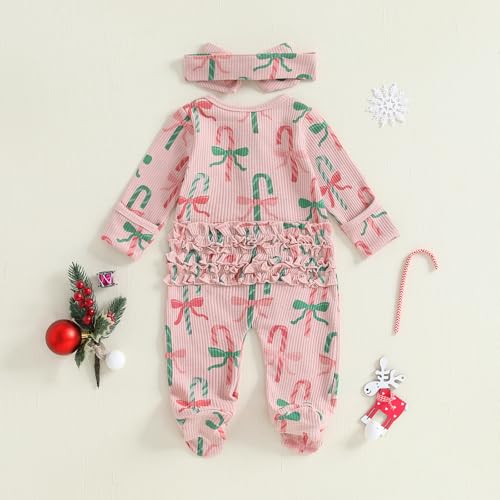 Newborn Baby Girl Christmas Outfit Bow Candy Cane Footed Romper Headband Infant My First Xmas Jumpsuit3